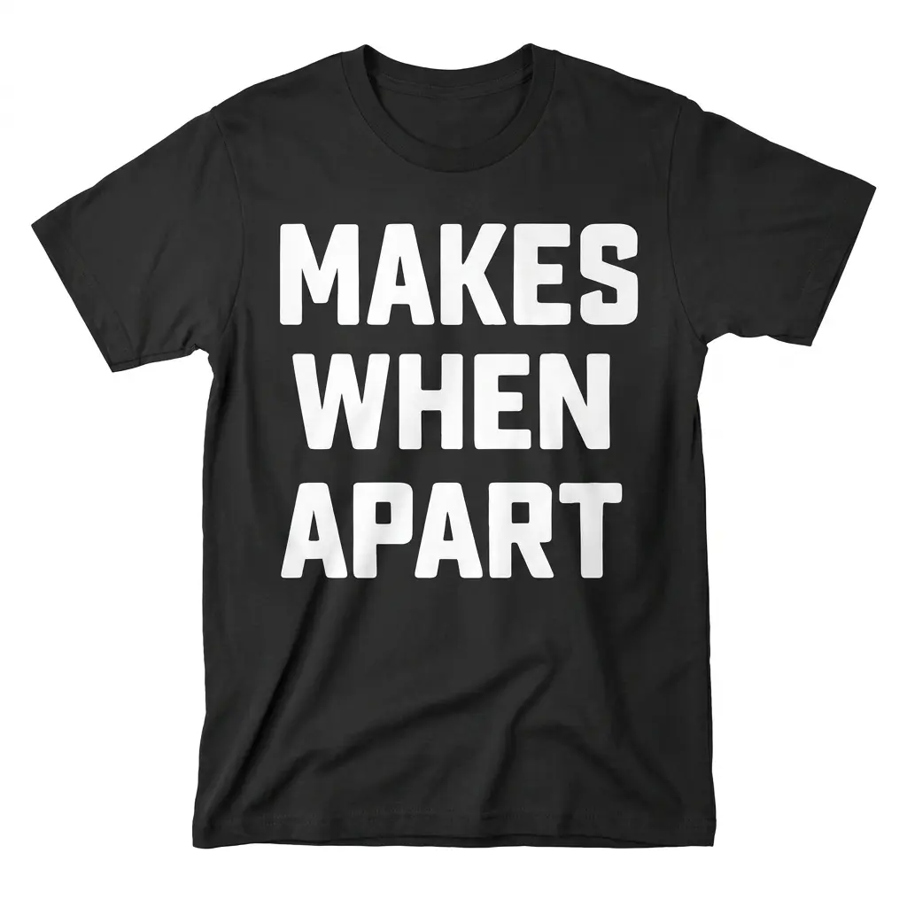 Makes When Apart Funny Grammar T-Shirt 1 Flat lay of a black t-shirt featuring bold white text that reads MAKES WHEN APART across the chest.