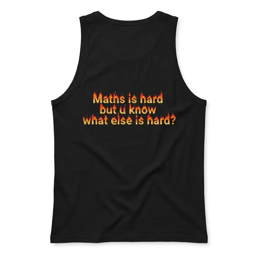 Sleeveless casual tank top with black tee back print reading Maths is hard but u know what else is hard in pixel fire font