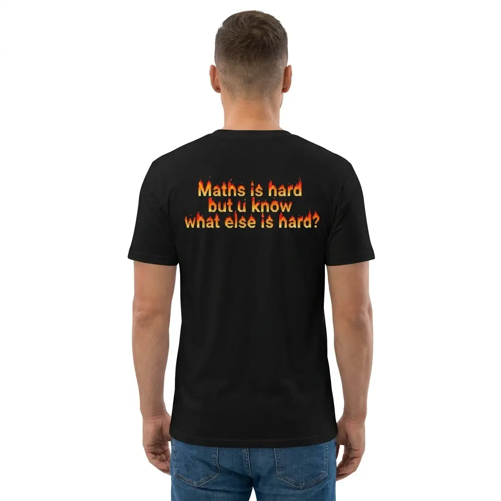 Man wearing black graphic tee with black tee back print reading Maths is hard but u know what else is hard in pixel fire font