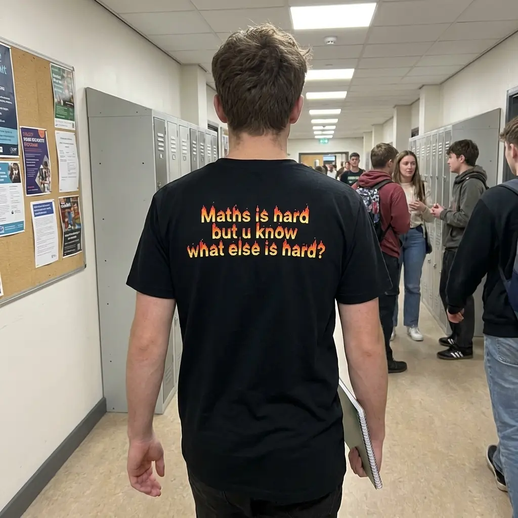 Everyday streetwear outfit styling black shirt with black tee back print reading Maths is hard but u know what else is hard in pixel fire font