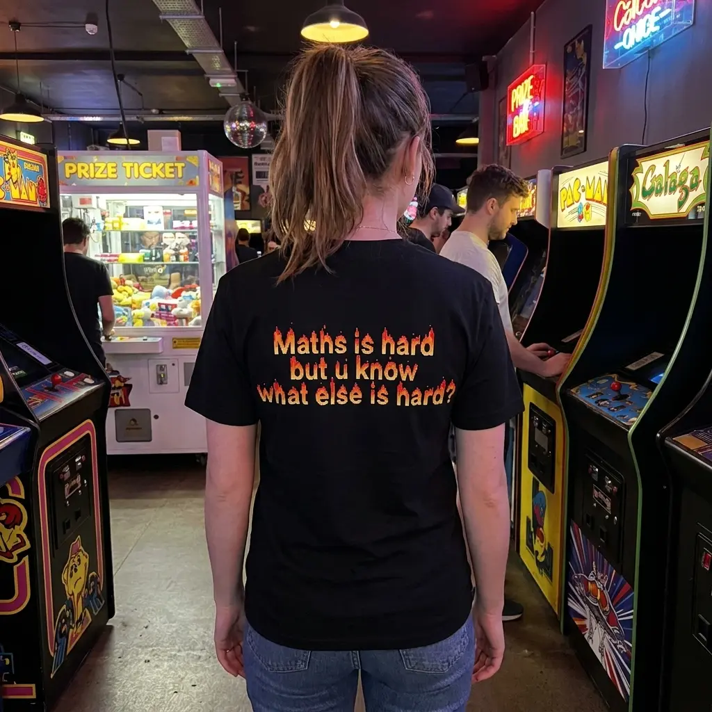 Close-up casual look showcasing black tee and black tee back print reading Maths is hard but u know what else is hard in pixel fire font
