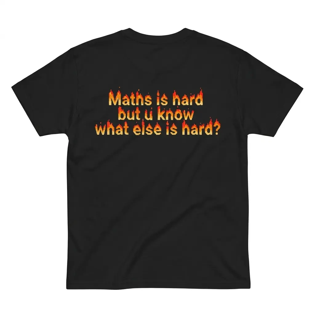 Flatlay black t-shirt featuring black tee back print reading Maths is hard but u know what else is hard in pixel fire font