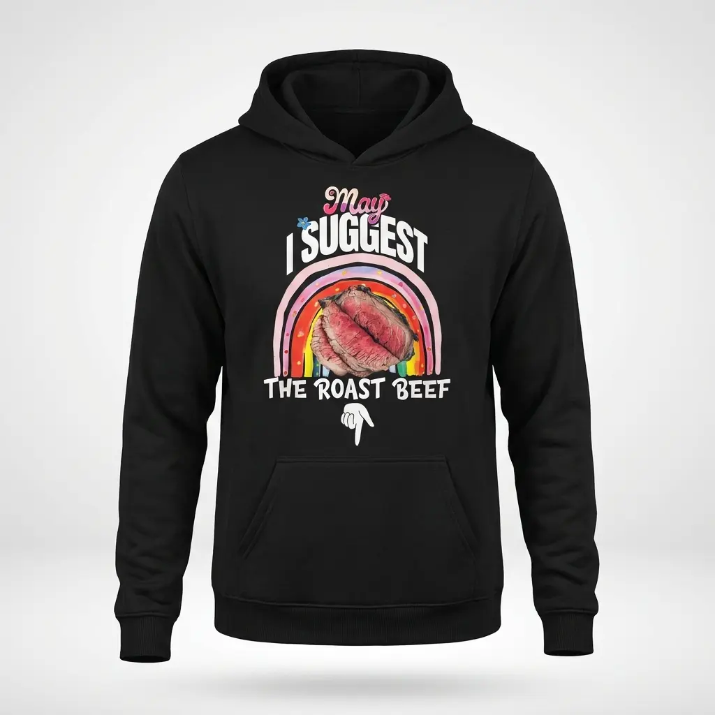 May I Suggest the Roast Beef Funny Rainbow T-Shirt 2 Front view of a hoodie laid flat featuring the May I Suggest the Roast Beef graphic and rainbow design.