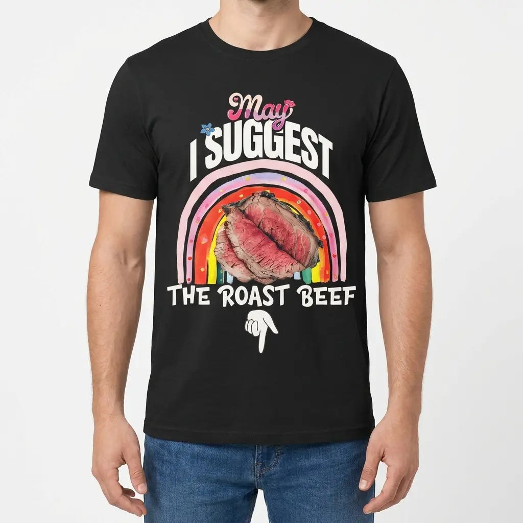 May I Suggest the Roast Beef Funny Rainbow T-Shirt 4 Male model standing wearing the May I Suggest the Roast Beef t-shirt facing forward.