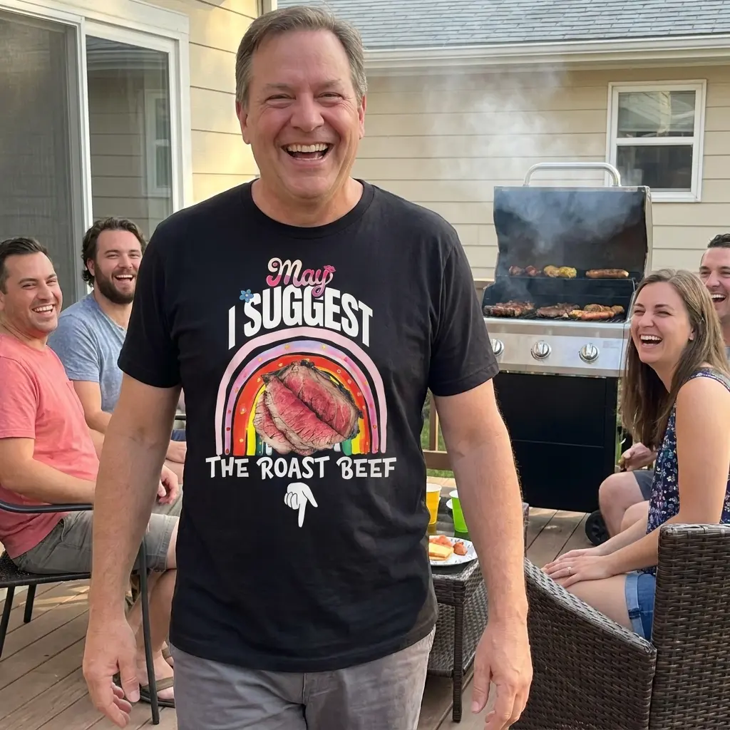 May I Suggest the Roast Beef Funny Rainbow T-Shirt 6 Casual lifestyle display highlighting the humorous May I Suggest the Roast Beef graphic apparel.