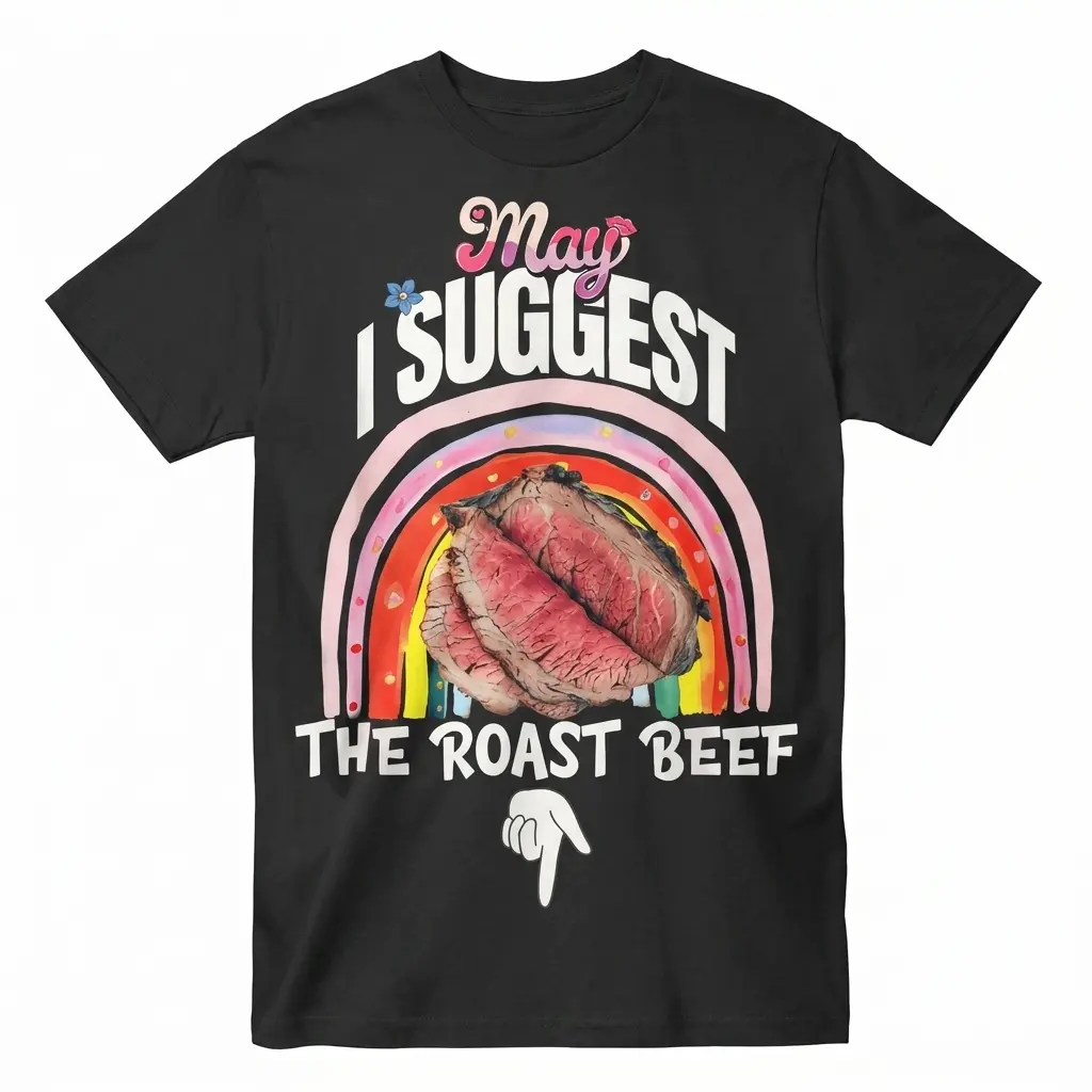 May I Suggest the Roast Beef Funny Rainbow T-Shirt 1 Front flat lay of the May I Suggest the Roast Beef t-shirt with rainbow and sliced roast beef graphic.