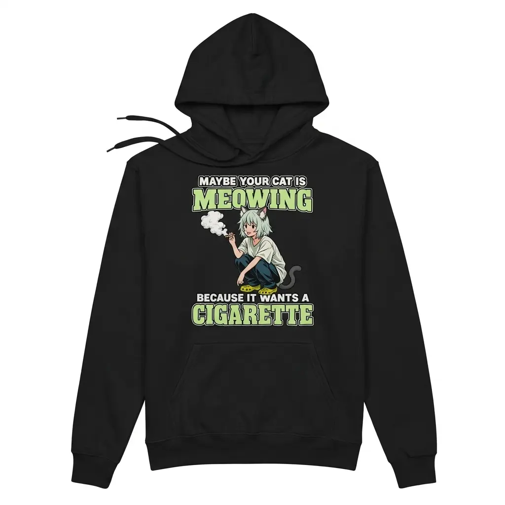 Cozy pullover hoodie displaying black tee front print reading MAYBE YOUR CAT IS MEOWING BECAUSE IT WANTS A CIGARETTE with an anime cat girl
