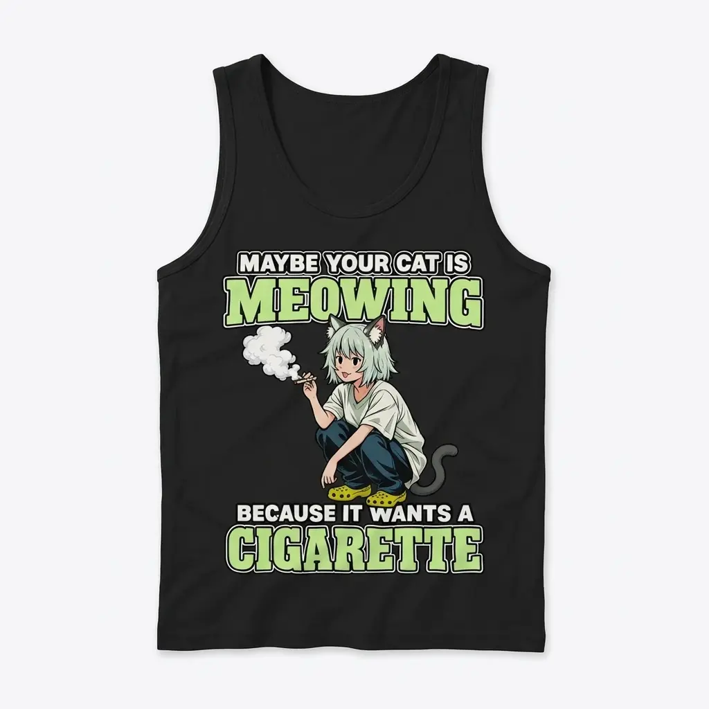 Sleeveless casual tank top with black tee front print reading MAYBE YOUR CAT IS MEOWING BECAUSE IT WANTS A CIGARETTE with an anime cat girl
