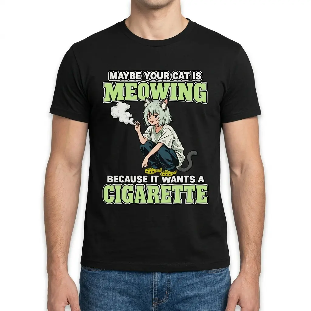 Man wearing black graphic tee with black tee front print reading MAYBE YOUR CAT IS MEOWING BECAUSE IT WANTS A CIGARETTE with an anime cat girl