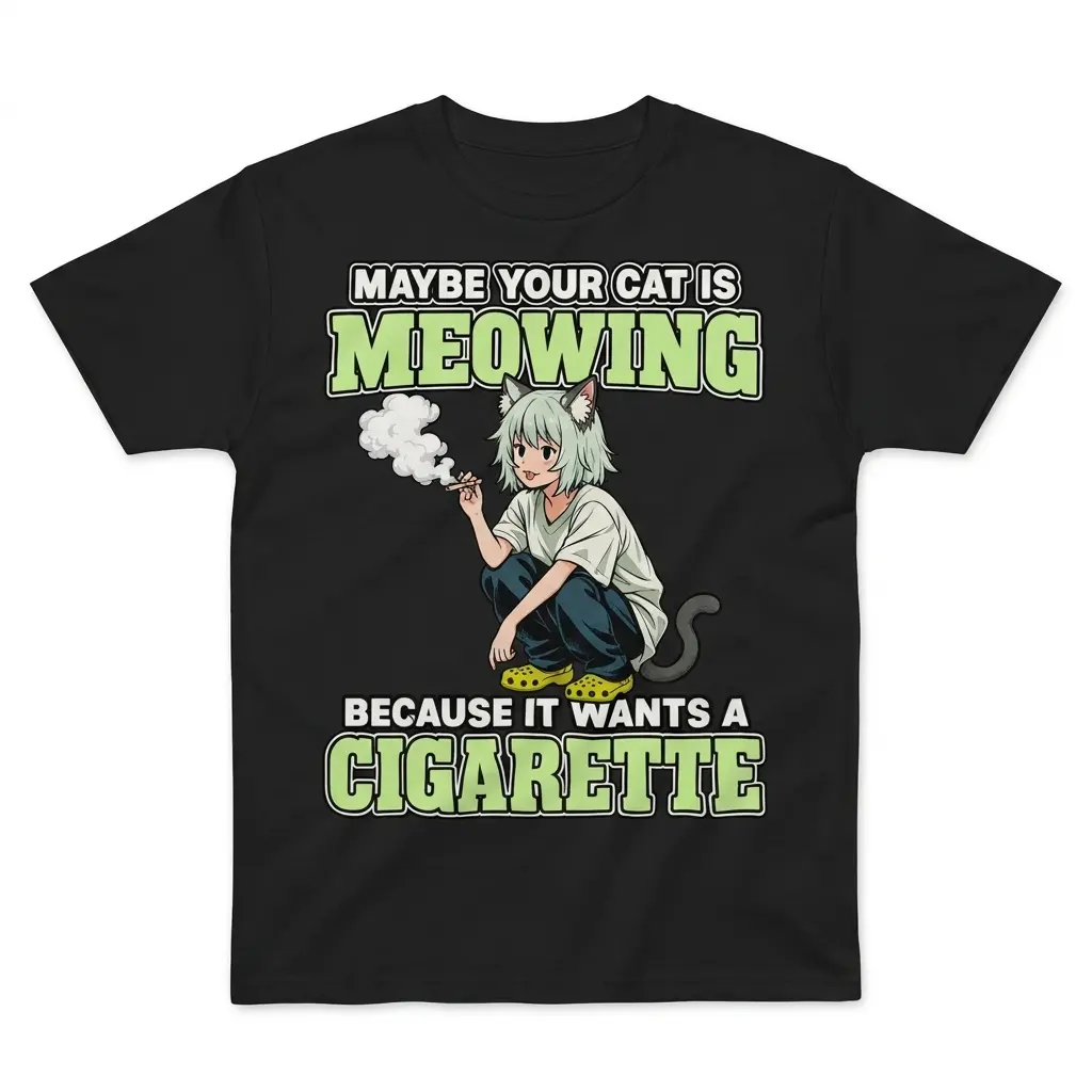 Flatlay black t-shirt featuring black tee front print reading MAYBE YOUR CAT IS MEOWING BECAUSE IT WANTS A CIGARETTE with an anime cat girl