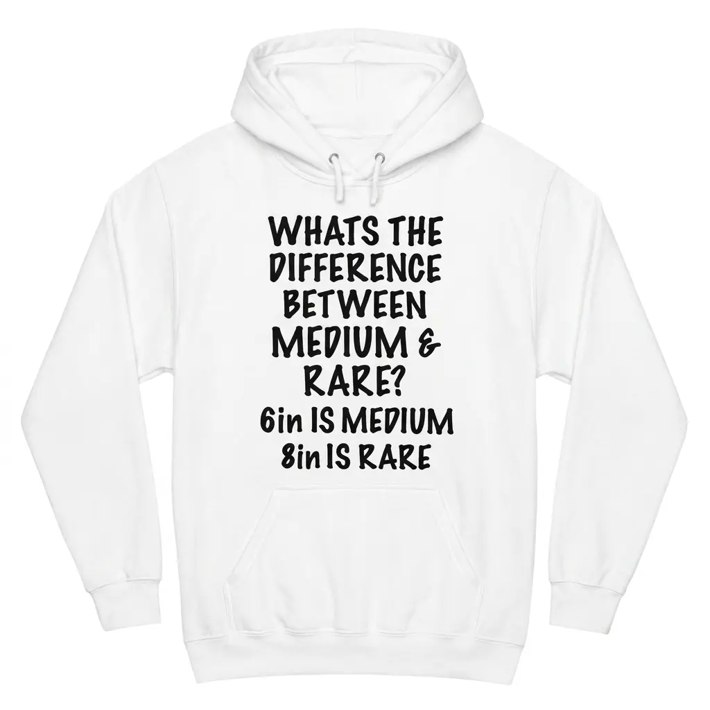 Medium vs Rare 6in 8in Funny Adult Humor T-Shirt 2 Front flat lay of a hoodie printed with the humor quote Whats the difference between medium & rare? 6in is medium 8in is rare.