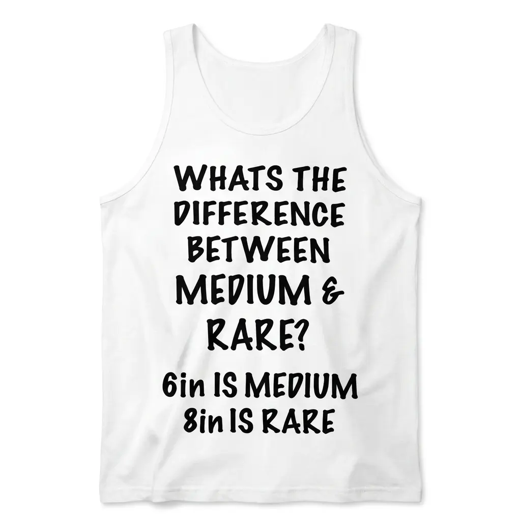 Medium vs Rare 6in 8in Funny Adult Humor T-Shirt 3 Front flat lay view of a tank top featuring the medium vs rare adult humor text design.