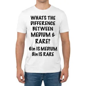 Medium vs Rare 6in 8in Funny Adult Humor T-Shirt 9 Front view of a male model wearing the white t-shirt with the funny adult medium vs rare text graphic.