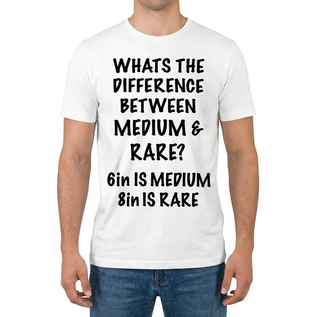 Medium vs Rare 6in 8in Funny Adult Humor T-Shirt 4 Front view of a male model wearing the white t-shirt with the funny adult medium vs rare text graphic.