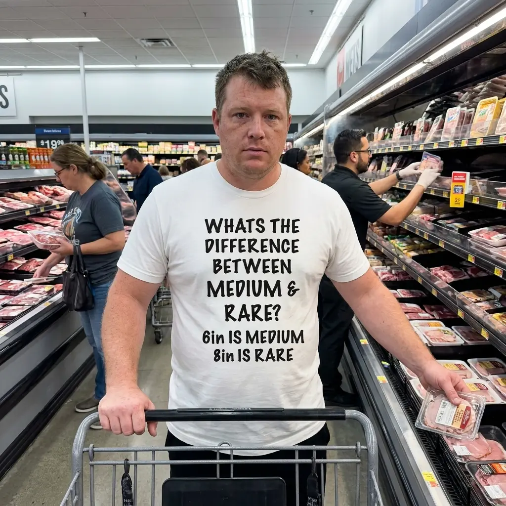 Medium vs Rare 6in 8in Funny Adult Humor T-Shirt 5 Lifestyle shot of the adult humor medium vs rare shirt shown in an everyday setting.