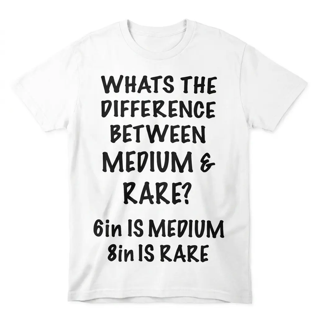 Medium vs Rare 6in 8in Funny Adult Humor T-Shirt 1 Flat lay of a white t-shirt featuring the funny quote Whats the difference between medium and rare? 6in is medium 8in is rare in black text.