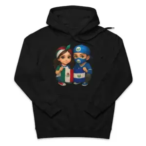 Mexican And Salvadoran Flag Cute Kids Heritage Black T-Shirt 7 Cozy pullover hoodie displaying black tee front print showing a cute chibi girl and boy holding the Mexican and Salvadoran flags together