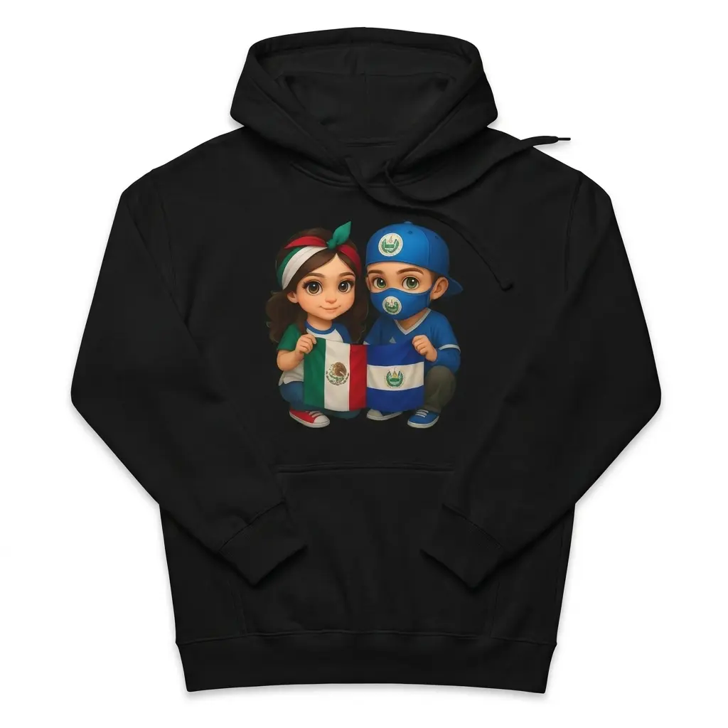 Mexican And Salvadoran Flag Cute Kids Heritage Black T-Shirt 2 Cozy pullover hoodie displaying black tee front print showing a cute chibi girl and boy holding the Mexican and Salvadoran flags together