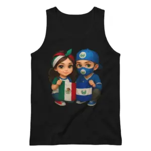 Mexican And Salvadoran Flag Cute Kids Heritage Black T-Shirt 8 Sleeveless casual tank top with black tee front print showing a cute chibi girl and boy holding the Mexican and Salvadoran flags together
