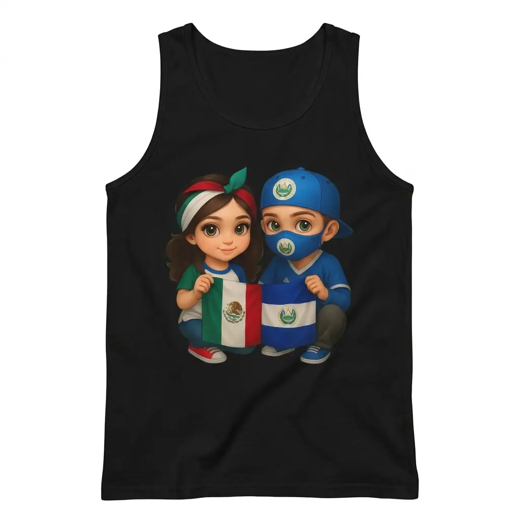 Mexican And Salvadoran Flag Cute Kids Heritage Black T-Shirt 3 Sleeveless casual tank top with black tee front print showing a cute chibi girl and boy holding the Mexican and Salvadoran flags together