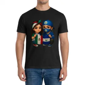 Mexican And Salvadoran Flag Cute Kids Heritage Black T-Shirt 9 Man wearing black graphic tee with black tee front print showing a cute chibi girl and boy holding the Mexican and Salvadoran flags together