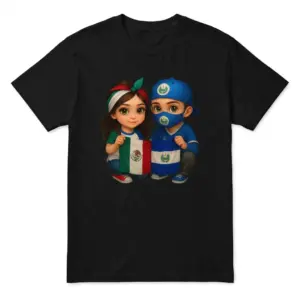 Flatlay black t-shirt featuring black tee front print showing a cute chibi girl and boy holding the Mexican and Salvadoran flags together