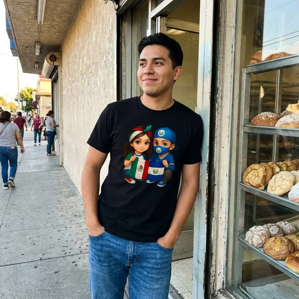 Mexican And Salvadoran Flag Cute Kids Heritage Black T-Shirt 5 Everyday streetwear outfit styling black shirt with black tee front print showing a cute chibi girl and boy holding the Mexican and Salvadoran flags together
