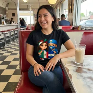 Mexican And Salvadoran Flag Cute Kids Heritage Black T-Shirt 11 Close-up casual look showcasing black tee and black tee front print showing a cute chibi girl and boy holding the Mexican and Salvadoran flags together