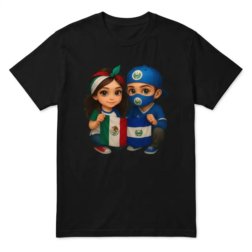 Mexican And Salvadoran Flag Cute Kids Heritage Black T-Shirt 1 Flatlay black t-shirt featuring black tee front print showing a cute chibi girl and boy holding the Mexican and Salvadoran flags together