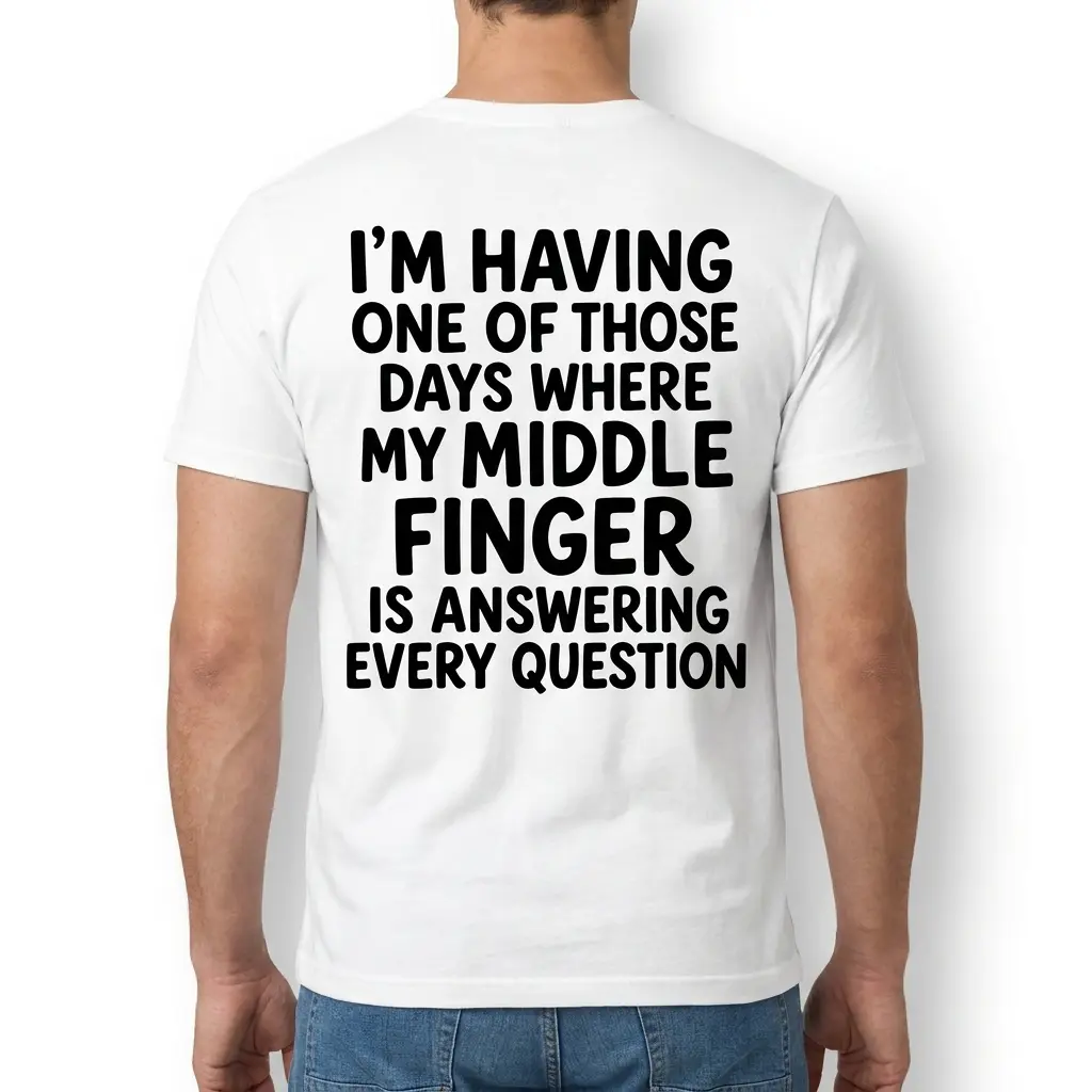 Middle Finger Answering Every Question Sarcastic T-Shirt 4 Man shown from the back wearing the sarcastic 'I'm Having One of Those Days Where My Middle Finger Is Answering Every Question' shirt.