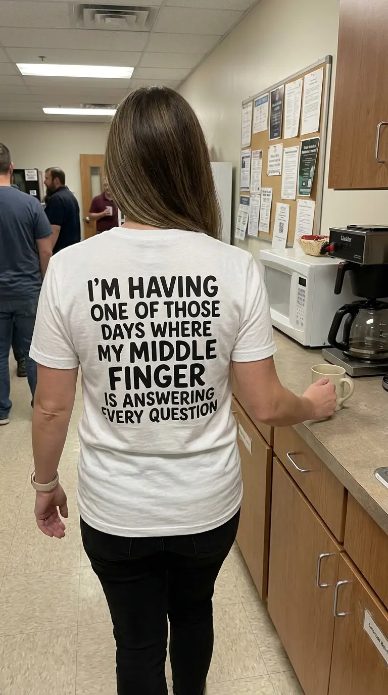 Middle Finger Answering Every Question Sarcastic T-Shirt 5 Lifestyle display highlighting the bold sarcastic text design 'I'm Having One of Those Days Where My Middle Finger Is Answering Every Question'.