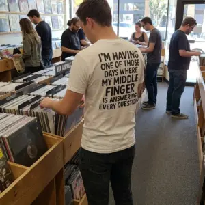 Middle Finger Answering Every Question Sarcastic T-Shirt 11 Casual lifestyle shot showing the back of the humorous 'having one of those days' sarcastic graphic shirt.
