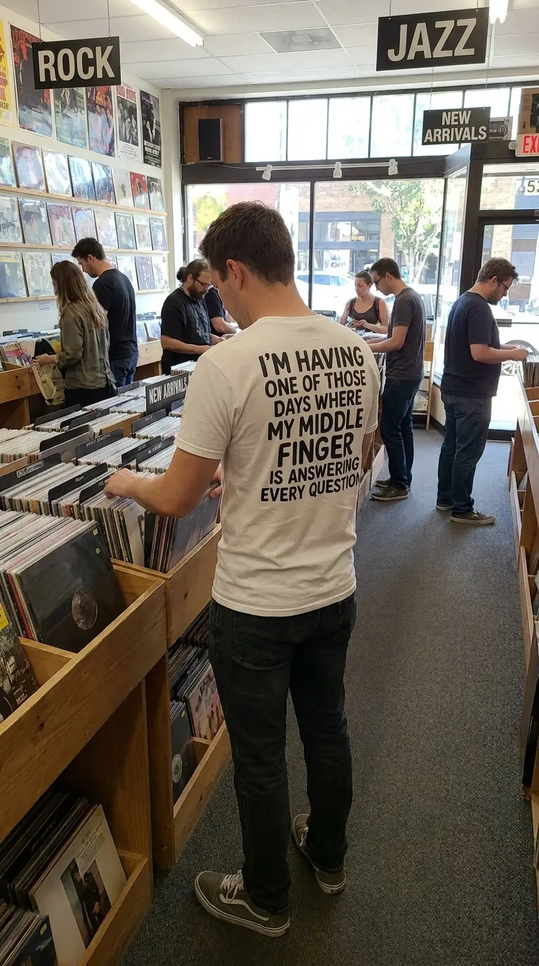 Middle Finger Answering Every Question Sarcastic T-Shirt 6 Casual lifestyle shot showing the back of the humorous 'having one of those days' sarcastic graphic shirt.