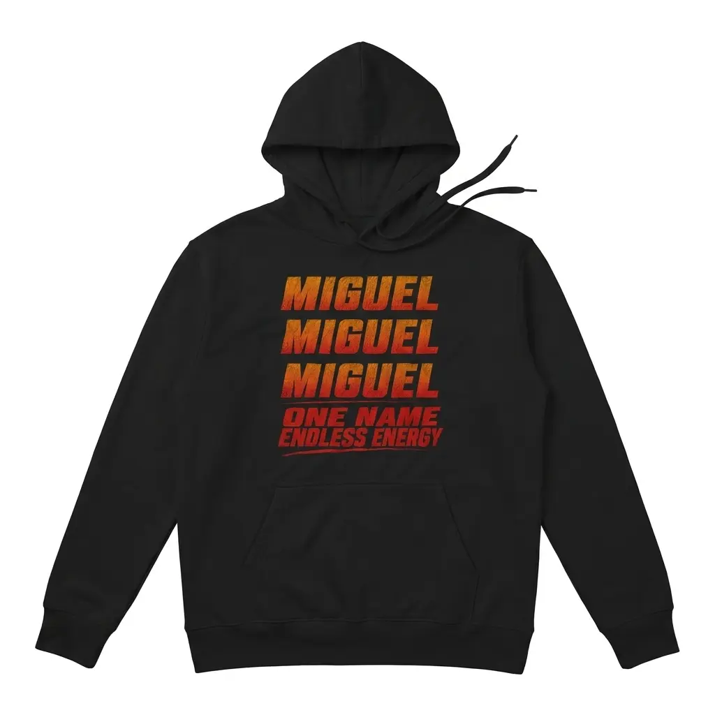 Cozy pullover hoodie displaying black tee front print reading MIGUEL three times in distressed orange red gradient above ONE NAME ENDLESS ENERGY