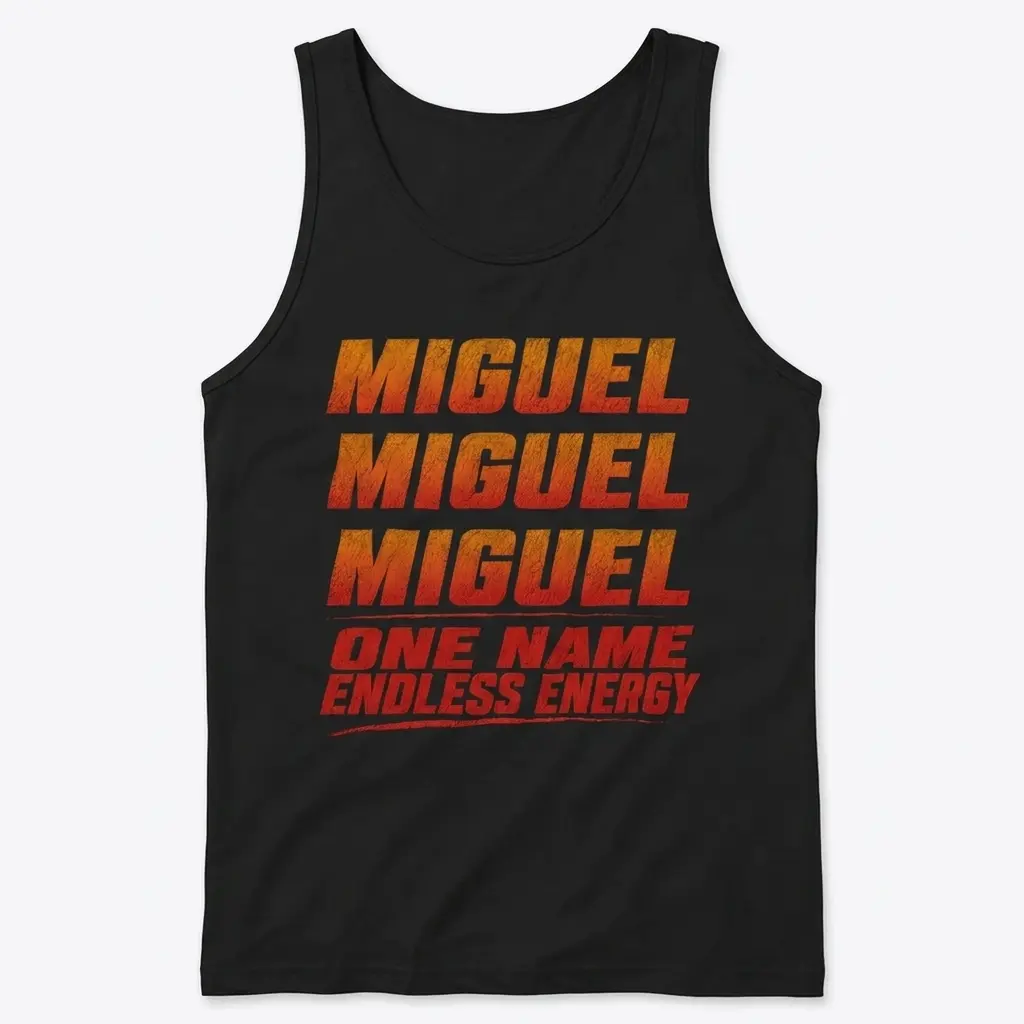 Sleeveless casual tank top with black tee front print reading MIGUEL three times in distressed orange red gradient above ONE NAME ENDLESS ENERGY