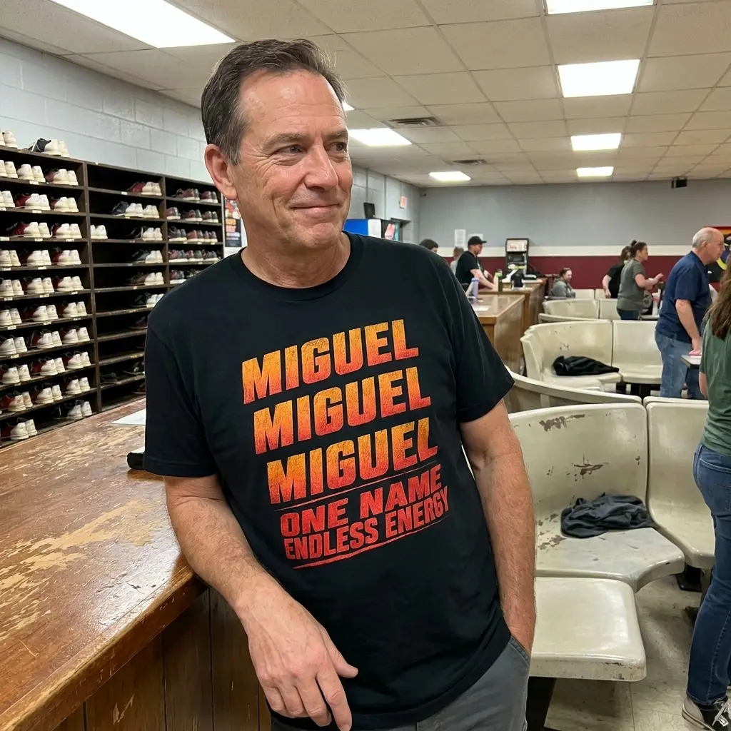 Close-up casual look showcasing black tee and black tee front print reading MIGUEL three times in distressed orange red gradient above ONE NAME ENDLESS ENERGY