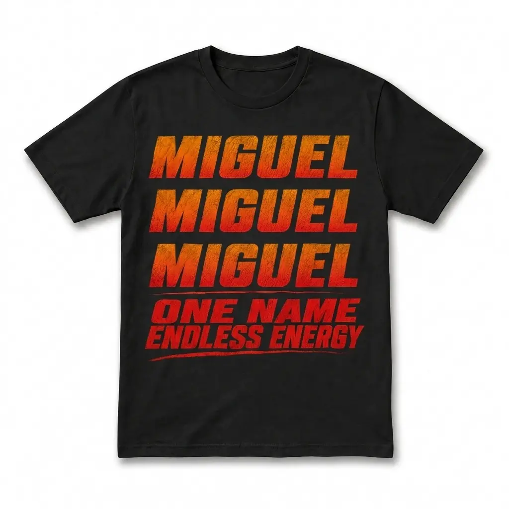 Flatlay black t-shirt featuring black tee front print reading MIGUEL three times in distressed orange red gradient above ONE NAME ENDLESS ENERGY