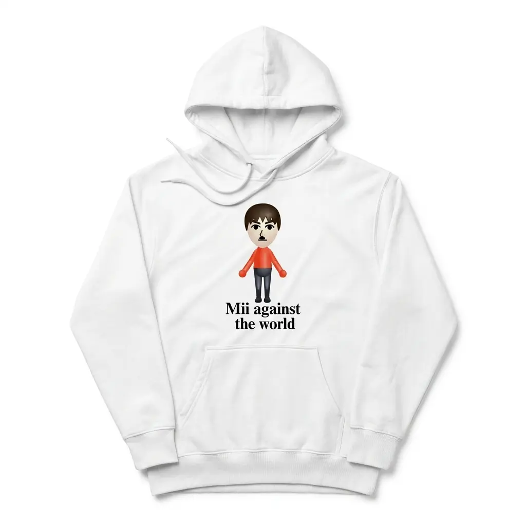 Cozy pullover hoodie displaying white tee front print reading Mii against the world below a cartoon console avatar in a red shirt