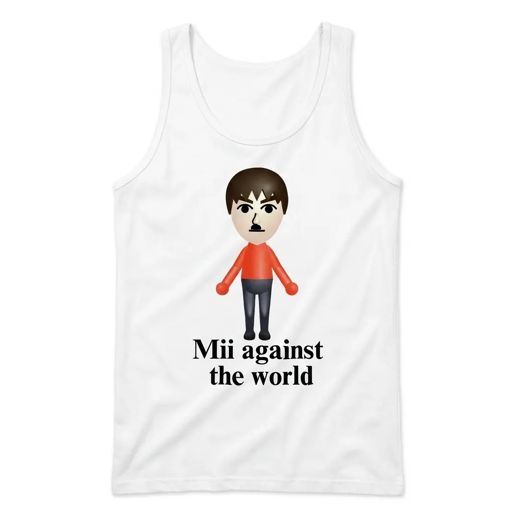 Sleeveless casual tank top with white tee front print reading Mii against the world below a cartoon console avatar in a red shirt