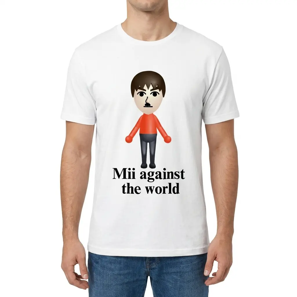 Man wearing white graphic tee with white tee front print reading Mii against the world below a cartoon console avatar in a red shirt