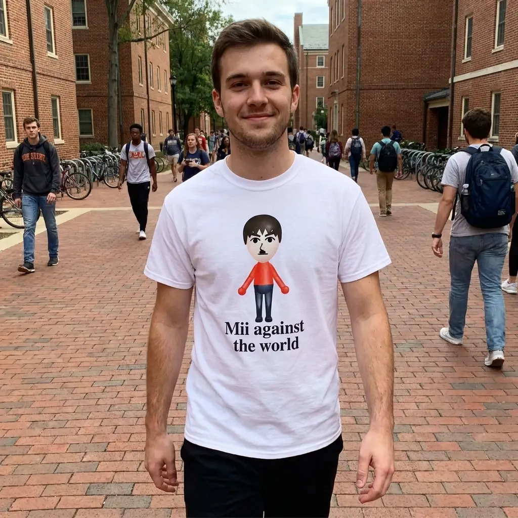 Everyday streetwear outfit styling white shirt with white tee front print reading Mii against the world below a cartoon console avatar in a red shirt