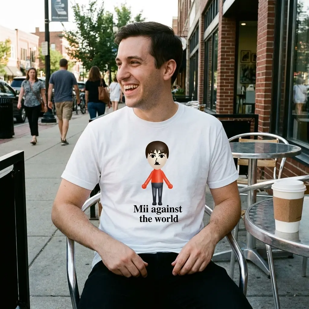 Close-up casual look showcasing white tee and white tee front print reading Mii against the world below a cartoon console avatar in a red shirt