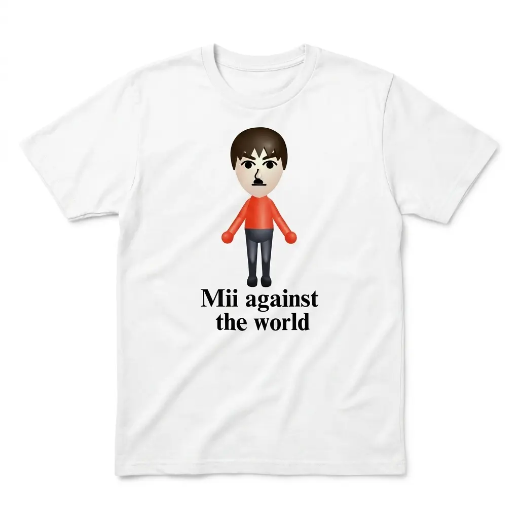 Flatlay white t-shirt featuring white tee front print reading Mii against the world below a cartoon console avatar in a red shirt