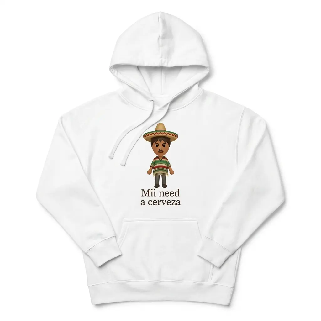 Mii Need A Cerveza Sombrero Cartoon Parody White T-Shirt 2 Cozy pullover hoodie displaying white tee front print reading Mii need a cerveza below a cartoon avatar wearing a sombrero and poncho