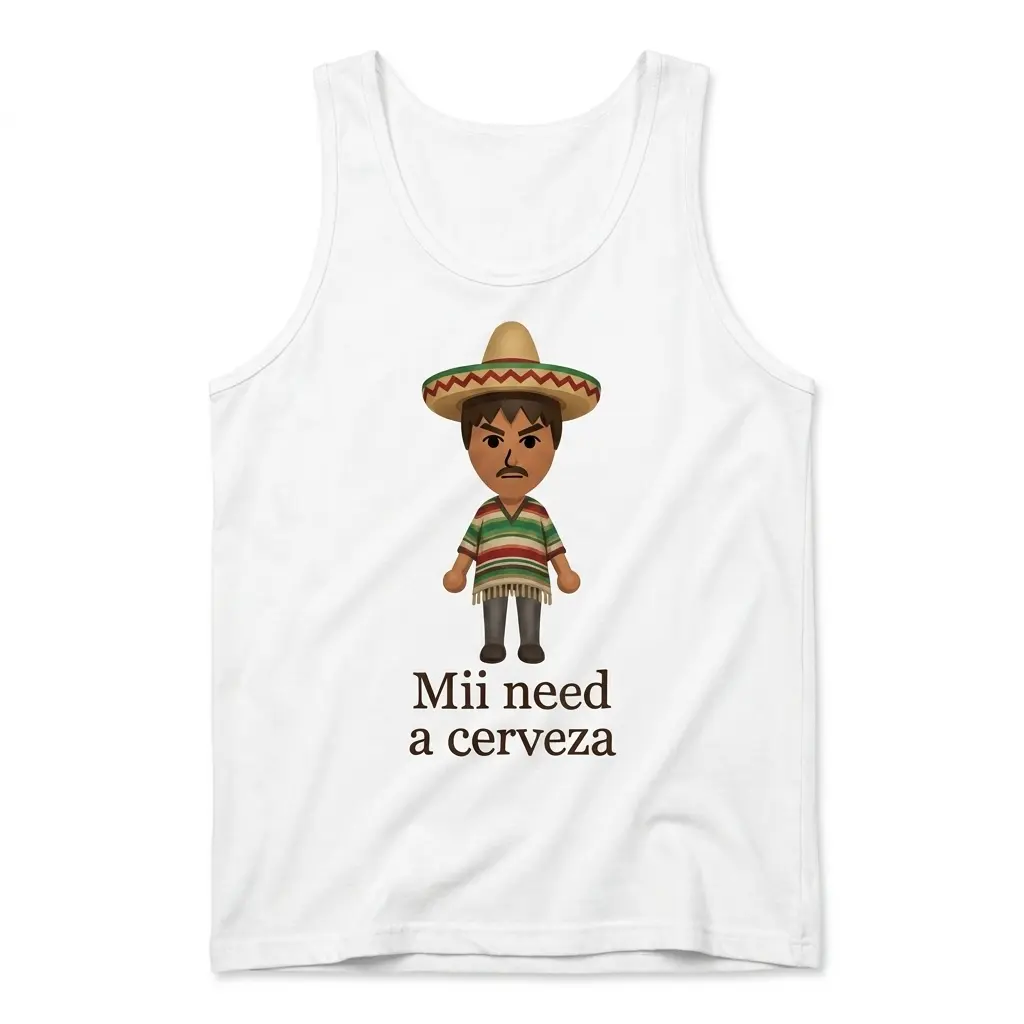Mii Need A Cerveza Sombrero Cartoon Parody White T-Shirt 3 Sleeveless casual tank top with white tee front print reading Mii need a cerveza below a cartoon avatar wearing a sombrero and poncho