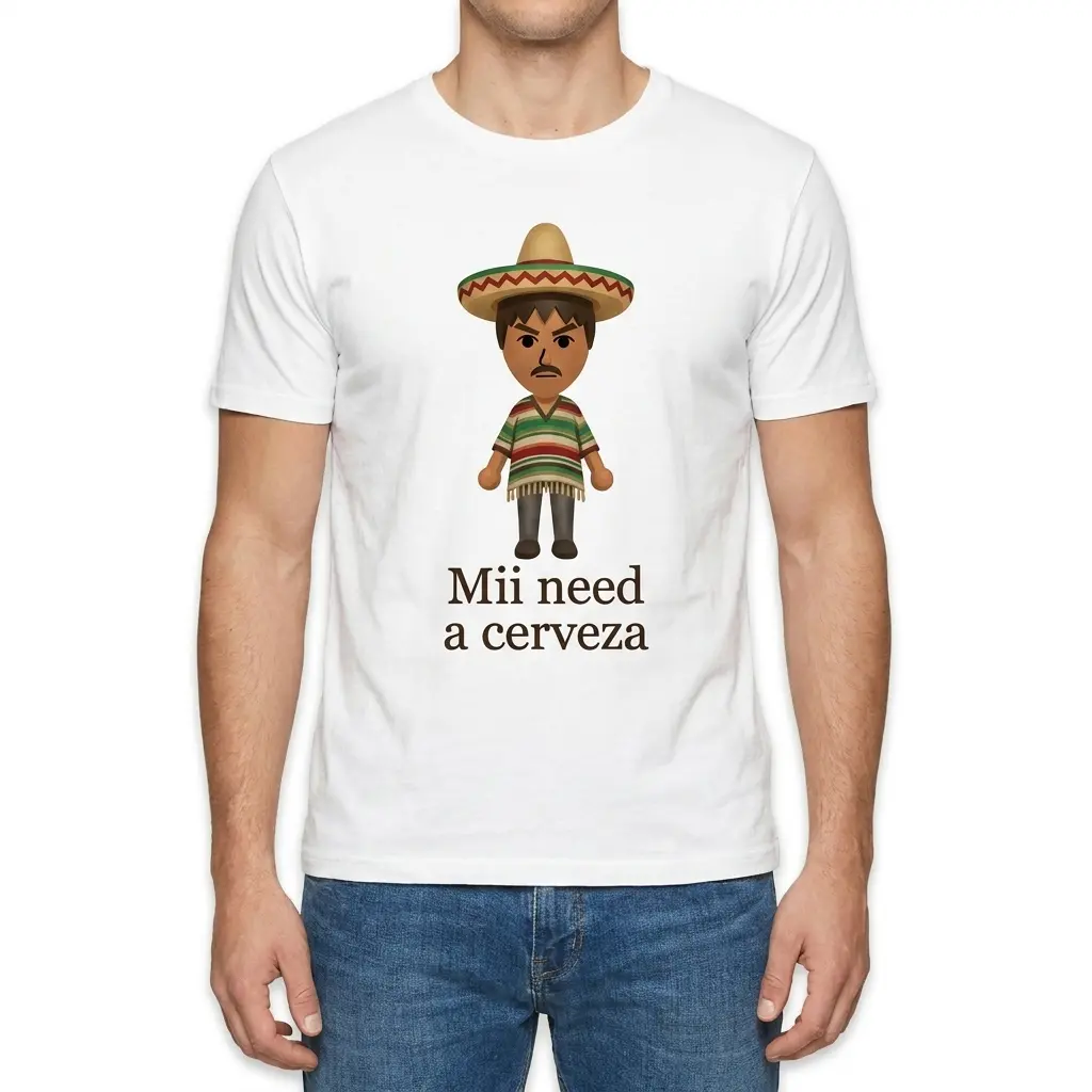 Mii Need A Cerveza Sombrero Cartoon Parody White T-Shirt 4 Man wearing white graphic tee with white tee front print reading Mii need a cerveza below a cartoon avatar wearing a sombrero and poncho