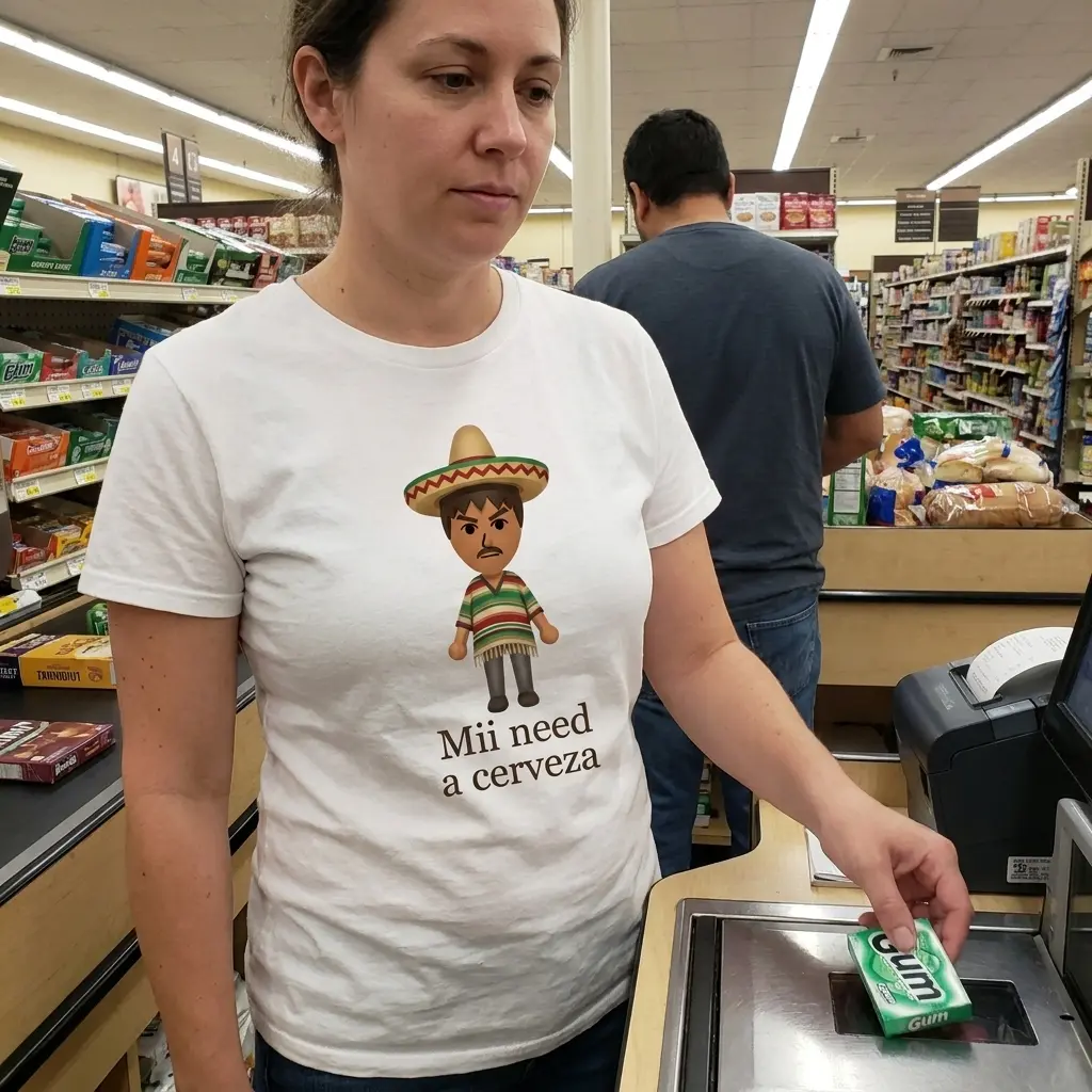 Mii Need A Cerveza Sombrero Cartoon Parody White T-Shirt 5 Everyday streetwear outfit styling white shirt with white tee front print reading Mii need a cerveza below a cartoon avatar wearing a sombrero and poncho