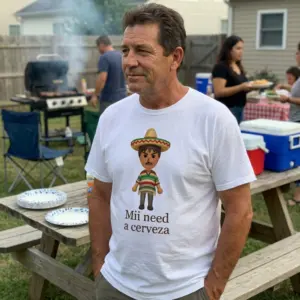 Mii Need A Cerveza Sombrero Cartoon Parody White T-Shirt 11 Close-up casual look showcasing white tee and white tee front print reading Mii need a cerveza below a cartoon avatar wearing a sombrero and poncho