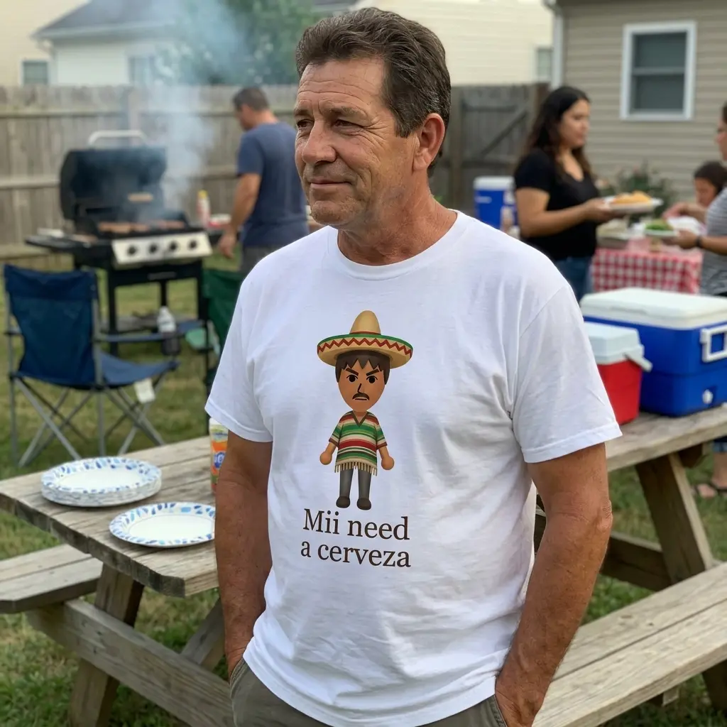 Mii Need A Cerveza Sombrero Cartoon Parody White T-Shirt 6 Close-up casual look showcasing white tee and white tee front print reading Mii need a cerveza below a cartoon avatar wearing a sombrero and poncho