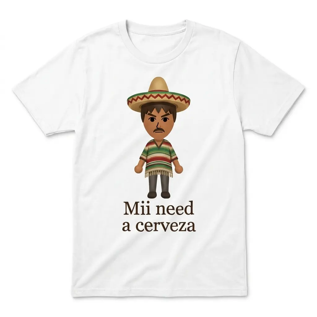 Mii Need A Cerveza Sombrero Cartoon Parody White T-Shirt 1 Flatlay white t-shirt featuring white tee front print reading Mii need a cerveza below a cartoon avatar wearing a sombrero and poncho